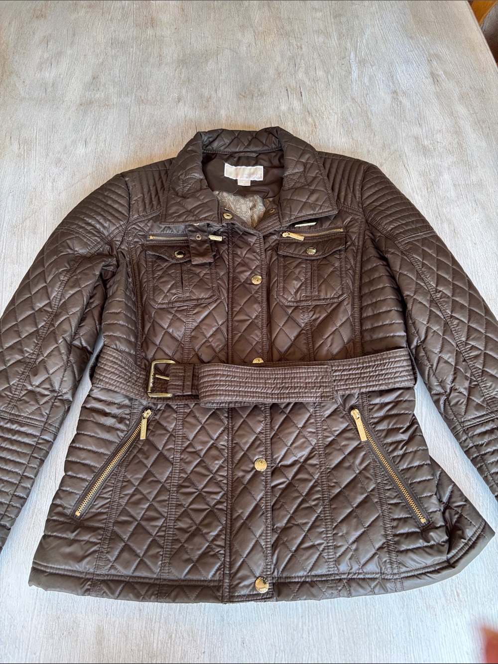 Michael Kore Quilted Belted Jacket - Brown Size M
